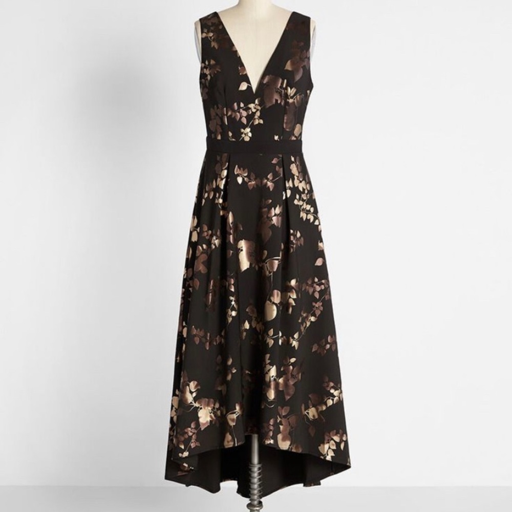 High low deep v neck black and bronze dress